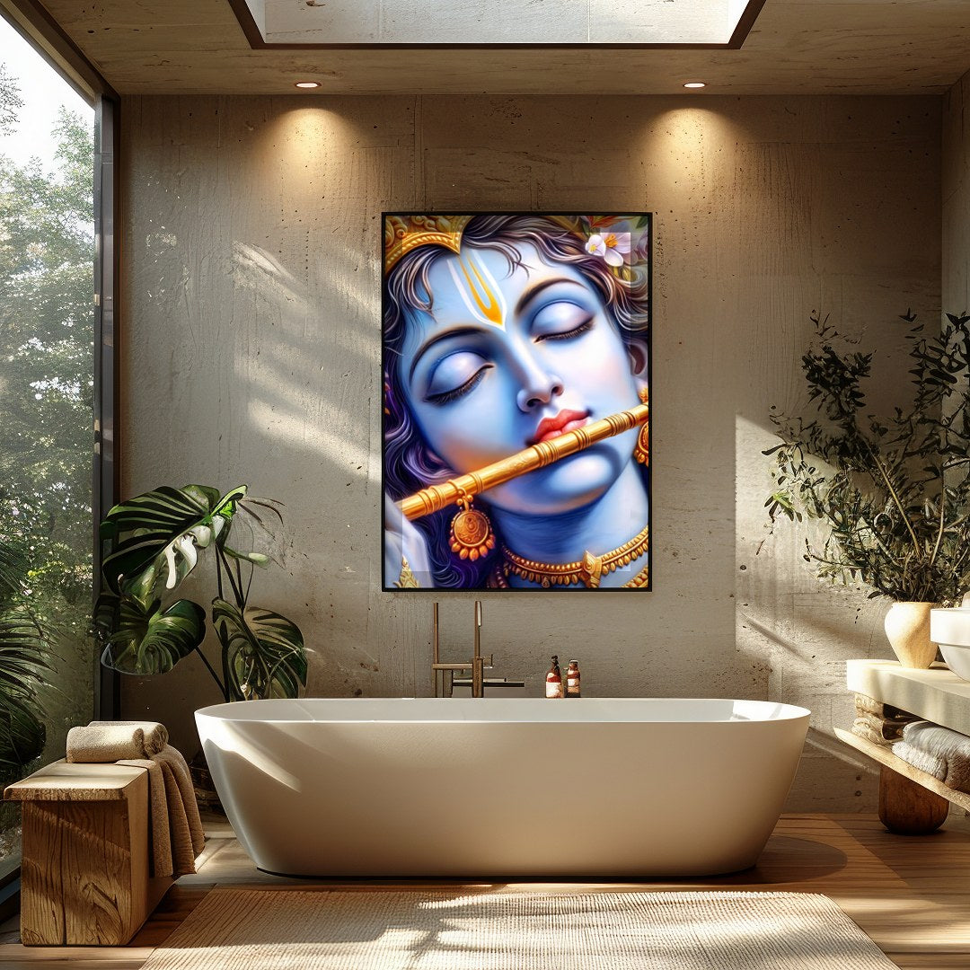 Immerse yourself in the divine tranquility of Krishna's presence with this captivating wall art for Bathroom
