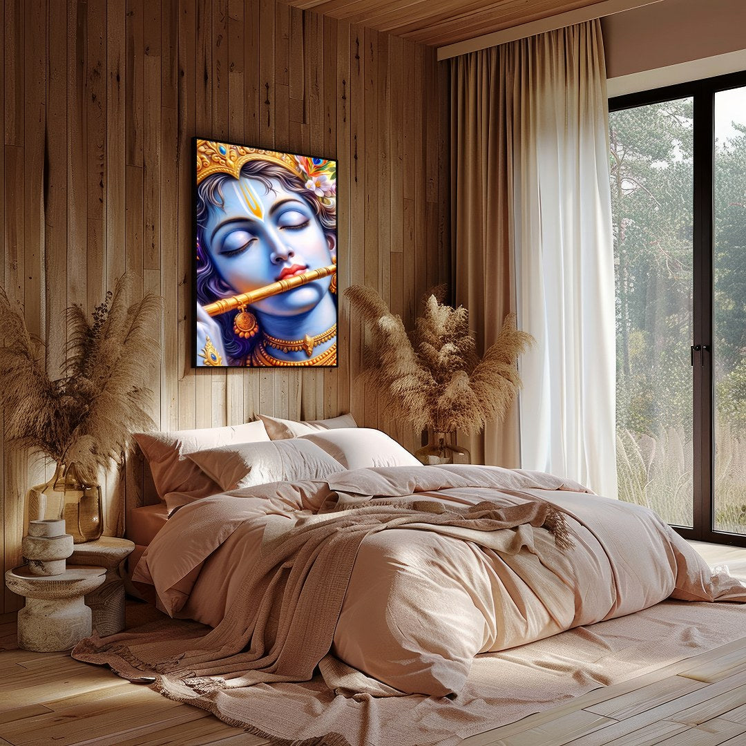 Immerse yourself in the divine tranquility of Krishna's presence with this captivating wall art for Bedroom