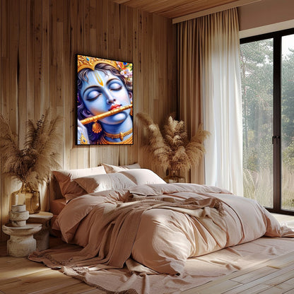 Immerse yourself in the divine tranquility of Krishna's presence with this captivating wall art for Bedroom