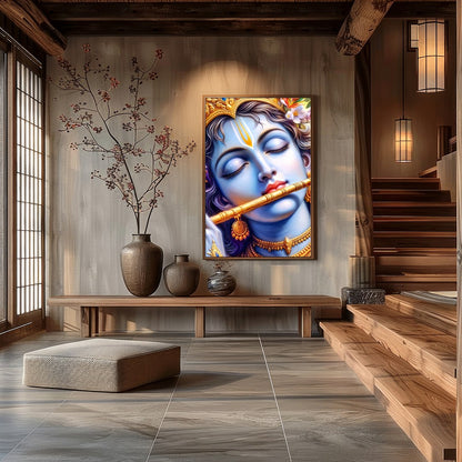 Immerse yourself in the divine tranquility of Krishna's presence with this captivating wall art for Hall