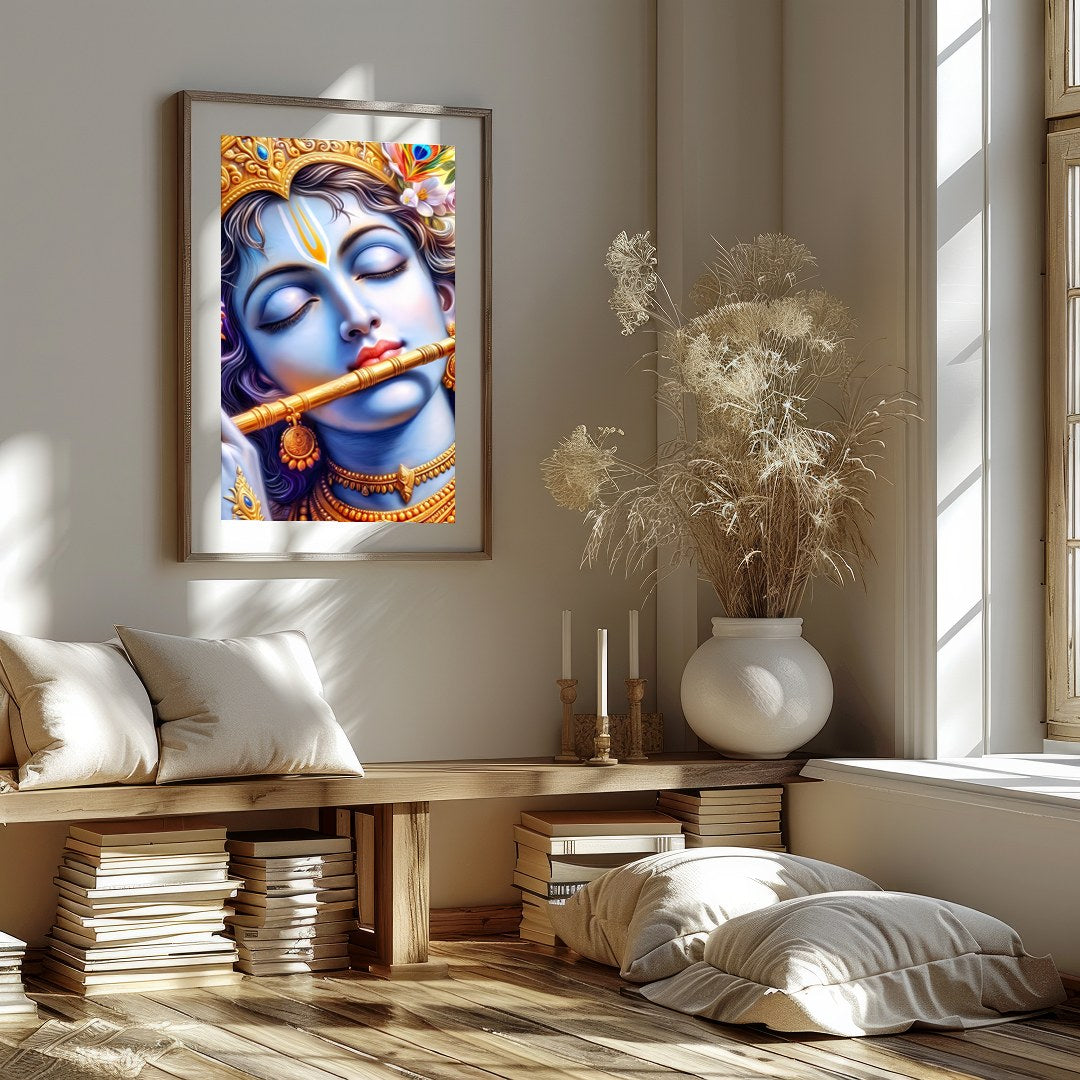 Immerse yourself in the divine tranquility of Krishna's presence with this captivating wall art for home