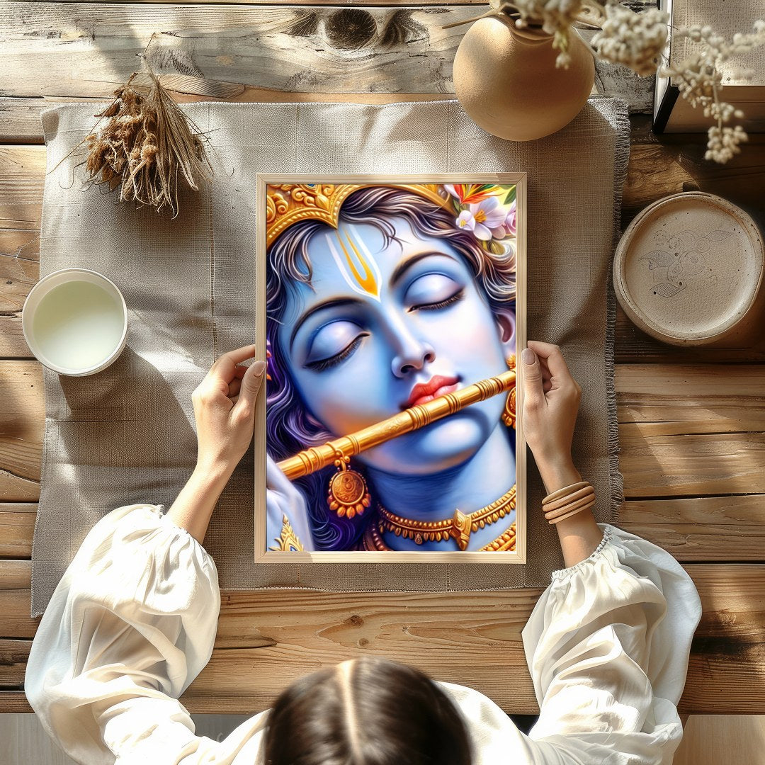 Immerse yourself in the divine tranquility of Krishna's presence with this captivating wall art for Kitchen