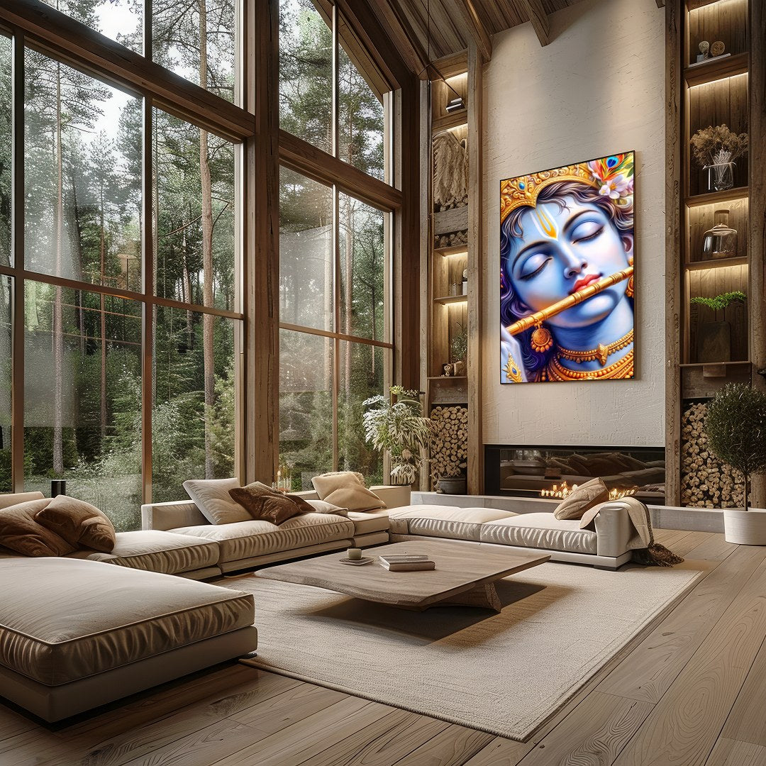 Immerse yourself in the divine tranquility of Krishna's presence with this captivating wall art for Living Room