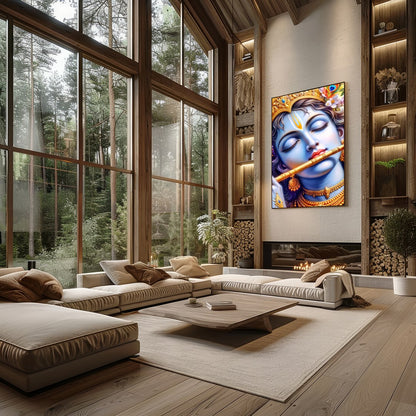 Immerse yourself in the divine tranquility of Krishna's presence with this captivating wall art for Living Room