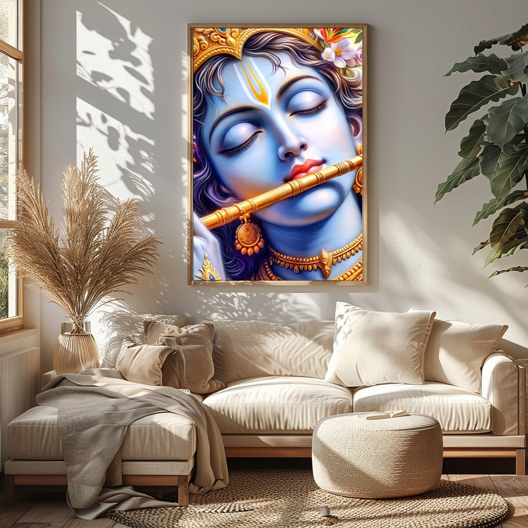 Immerse yourself in the divine tranquility of Krishna's presence with this captivating wall art for Sitting Area