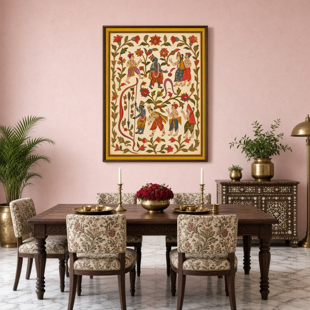Experience the captivating allure of traditional Indian art with this Pichwai piece, illustrating for Dining