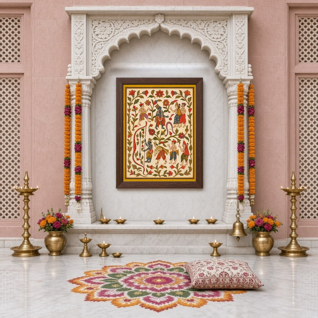 Experience the captivating allure of traditional Indian art with this Pichwai piece, illustrating for Home Temple