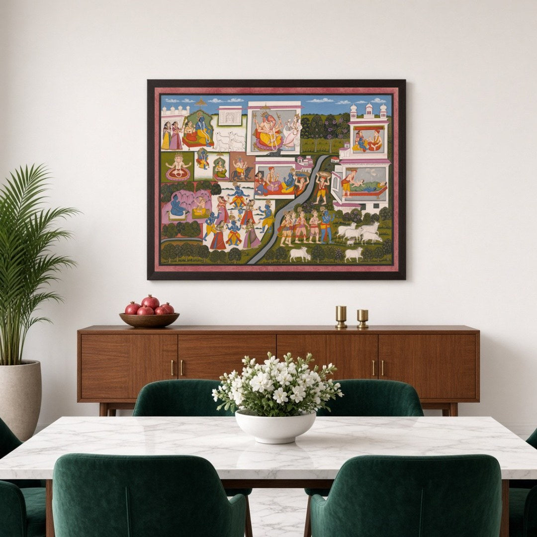 Immerse yourself in the enchanting world of Krishna with this captivating Pichwai art print. for Dining