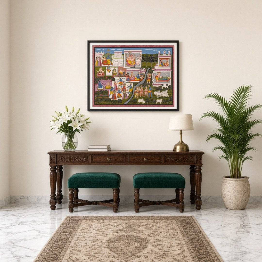 Immerse yourself in the enchanting world of Krishna with this captivating Pichwai art print. for Entrance