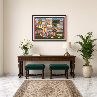 Immerse yourself in the enchanting world of Krishna with this captivating Pichwai art print. for Entrance