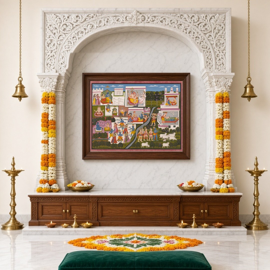 Immerse yourself in the enchanting world of Krishna with this captivating Pichwai art print. for Home Temple