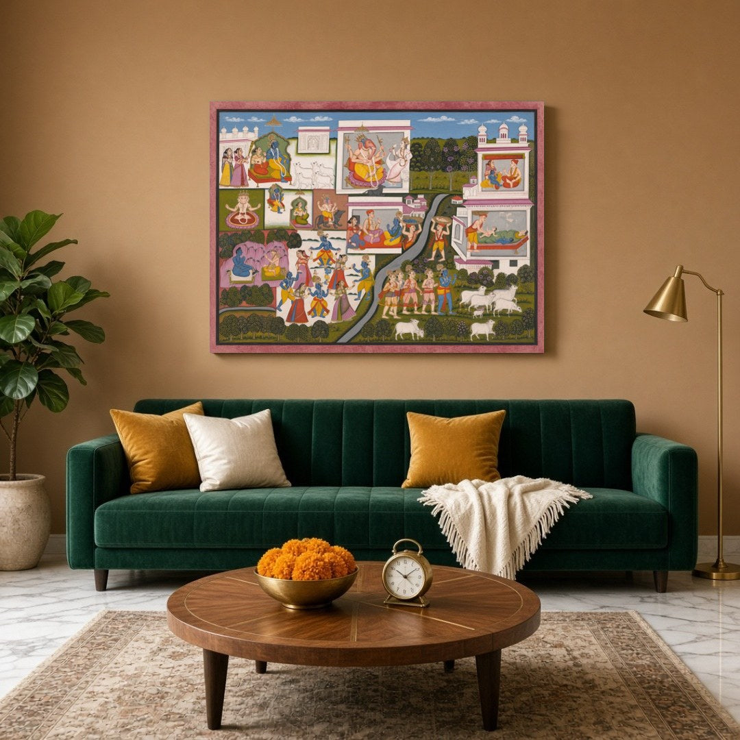 Immerse yourself in the enchanting world of Krishna with this captivating Pichwai art print. for Living Room