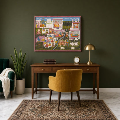 Immerse yourself in the enchanting world of Krishna with this captivating Pichwai art print. for Study