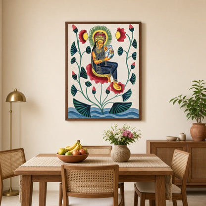 Experience the divine elegance of this Kalighat painting, depicting a goddess gracefully seated for Dining