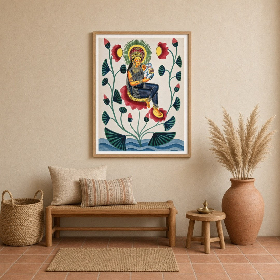 Experience the divine elegance of this Kalighat painting, depicting a goddess gracefully seated for Entrance