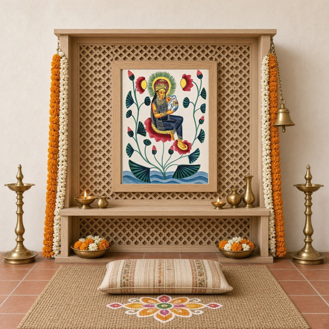 Experience the divine elegance of this Kalighat painting, depicting a goddess gracefully seated for Home Temple
