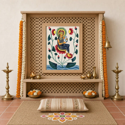 Experience the divine elegance of this Kalighat painting, depicting a goddess gracefully seated for Home Temple