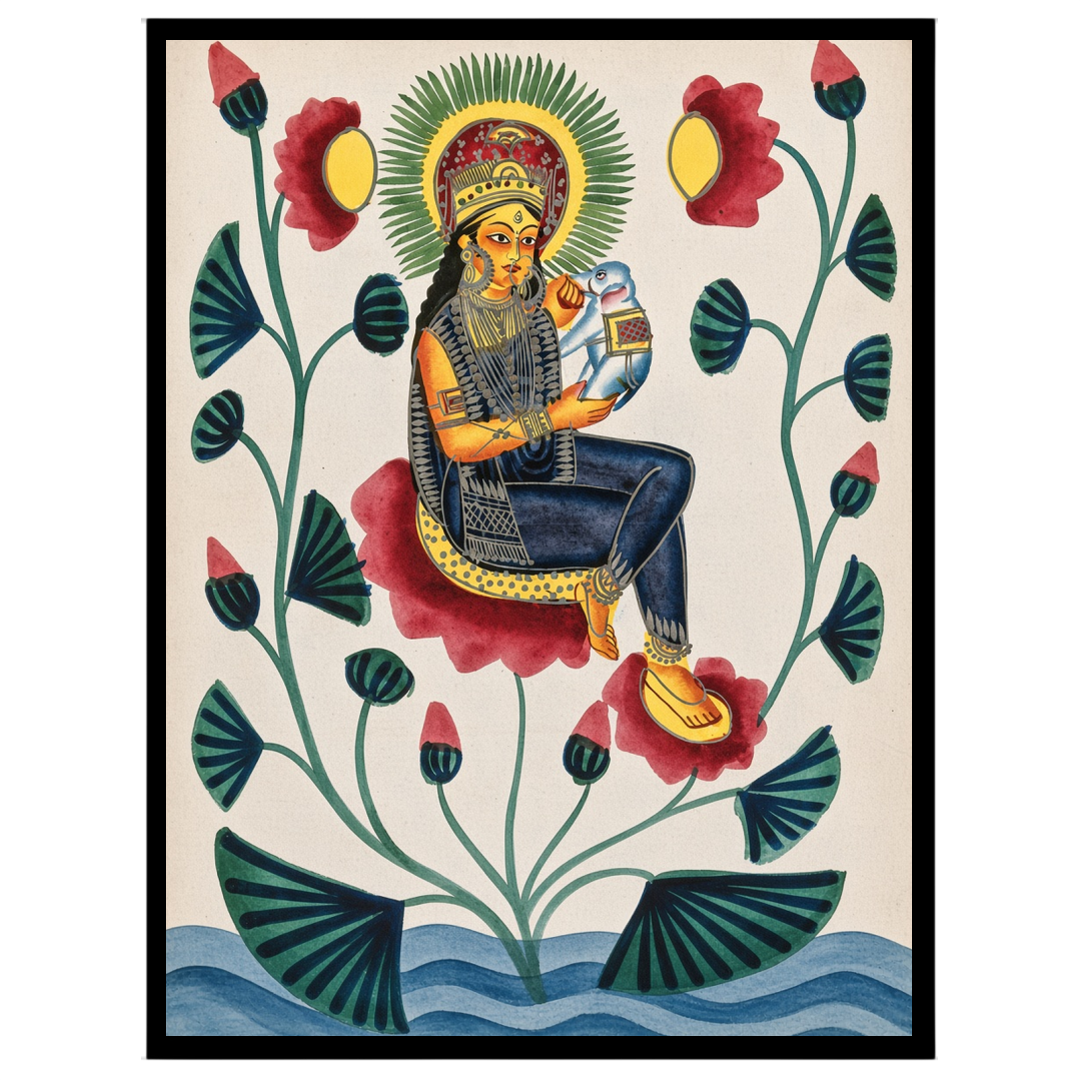 Experience the divine elegance of this Kalighat painting, depicting a goddess gracefully seated for interior