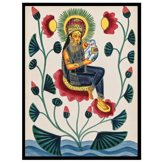 Experience the divine elegance of this Kalighat painting, depicting a goddess gracefully seated for interior