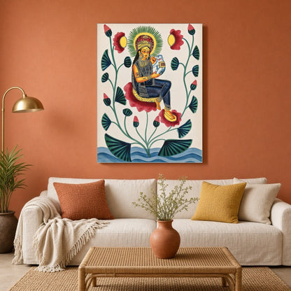 Experience the divine elegance of this Kalighat painting, depicting a goddess gracefully seated for Living Room