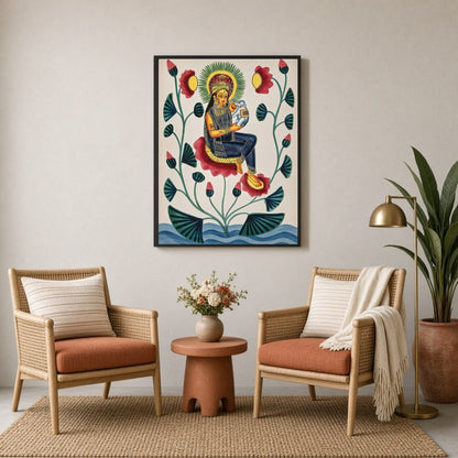 Experience the divine elegance of this Kalighat painting, depicting a goddess gracefully seated for Sitting Lounge