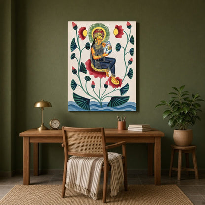 Experience the divine elegance of this Kalighat painting, depicting a goddess gracefully seated for Study