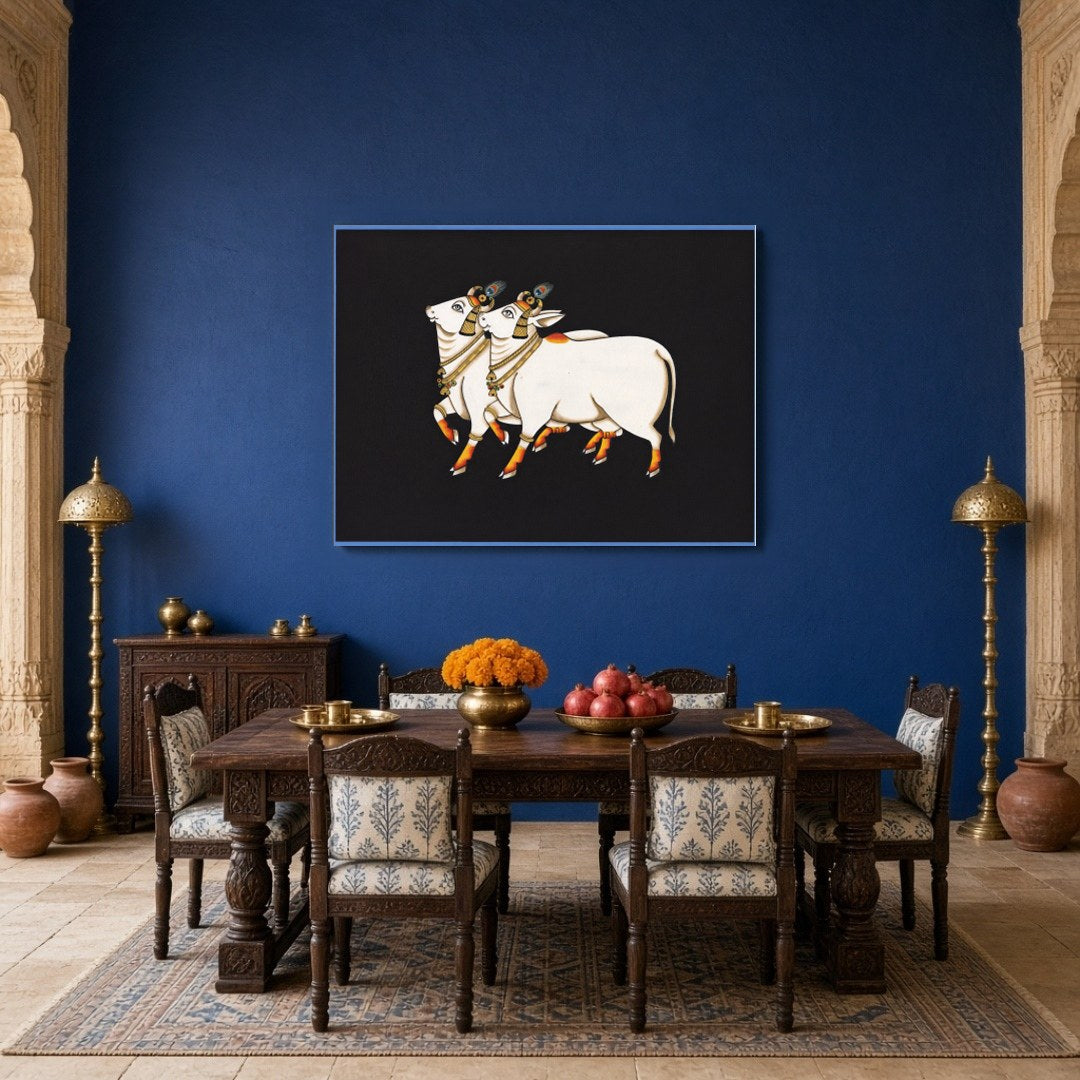 Immerse yourself in the serene grace of the 'Divine Pair of Kamdhenu Cows: Pichwai Elegance.' This for Dining