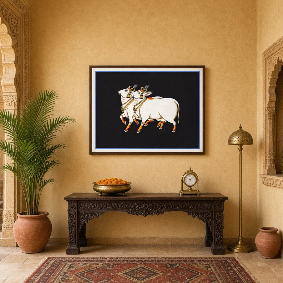 Immerse yourself in the serene grace of the 'Divine Pair of Kamdhenu Cows: Pichwai Elegance.' This for Entrance
