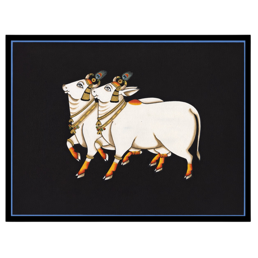 Immerse yourself in the serene grace of the 'Divine Pair of Kamdhenu Cows: Pichwai Elegance.' This for gallery