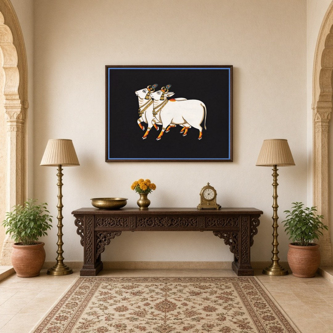 Immerse yourself in the serene grace of the 'Divine Pair of Kamdhenu Cows: Pichwai Elegance.' This for Hallway