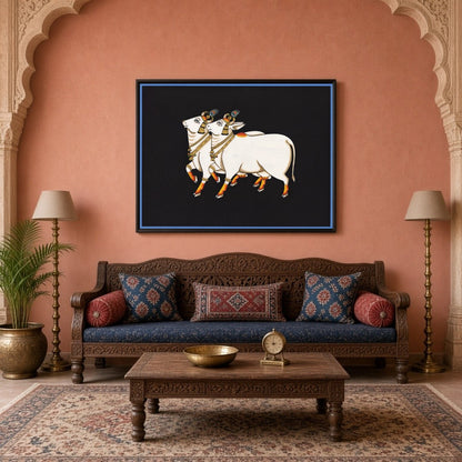 Immerse yourself in the serene grace of the 'Divine Pair of Kamdhenu Cows: Pichwai Elegance.' This for Living Room