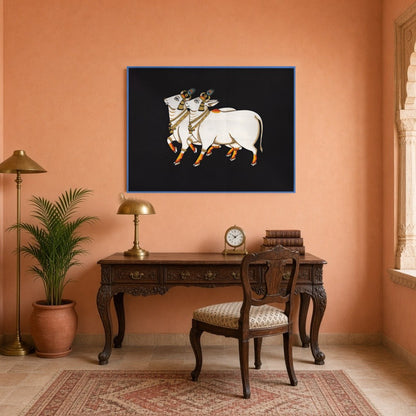 Immerse yourself in the serene grace of the 'Divine Pair of Kamdhenu Cows: Pichwai Elegance.' This for Study