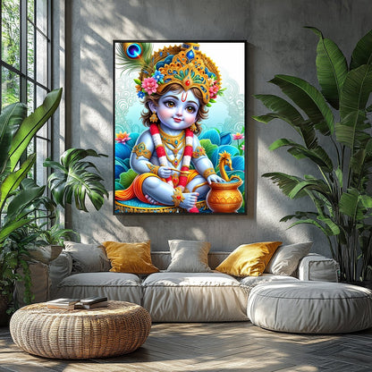 Immerse in the enchanting world of divine innocence with this vibrant depiction of Krishna as a for Balcony