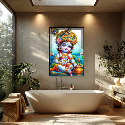 Immerse in the enchanting world of divine innocence with this vibrant depiction of Krishna as a for Bathroom
