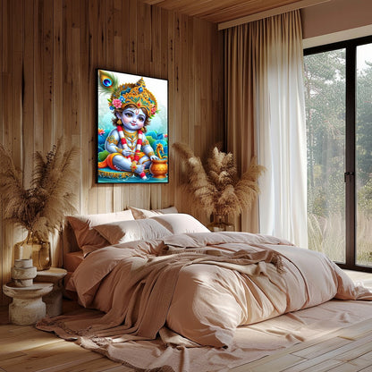 Immerse in the enchanting world of divine innocence with this vibrant depiction of Krishna as a for Bedroom