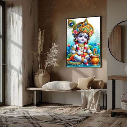 Immerse in the enchanting world of divine innocence with this vibrant depiction of Krishna as a for dwelling