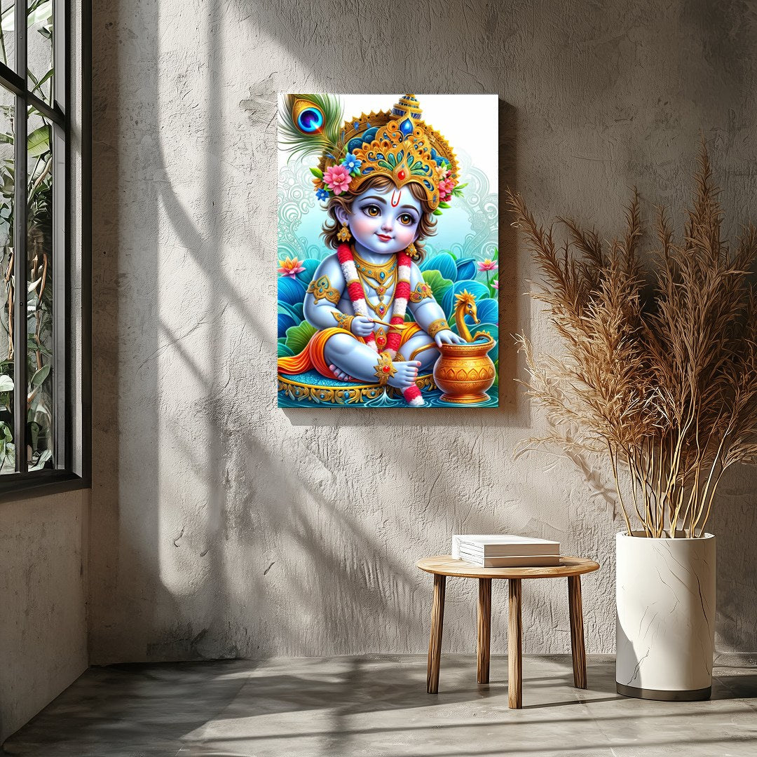 Immerse in the enchanting world of divine innocence with this vibrant depiction of Krishna as a for Entrance