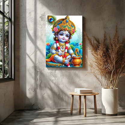 Immerse in the enchanting world of divine innocence with this vibrant depiction of Krishna as a for Entrance