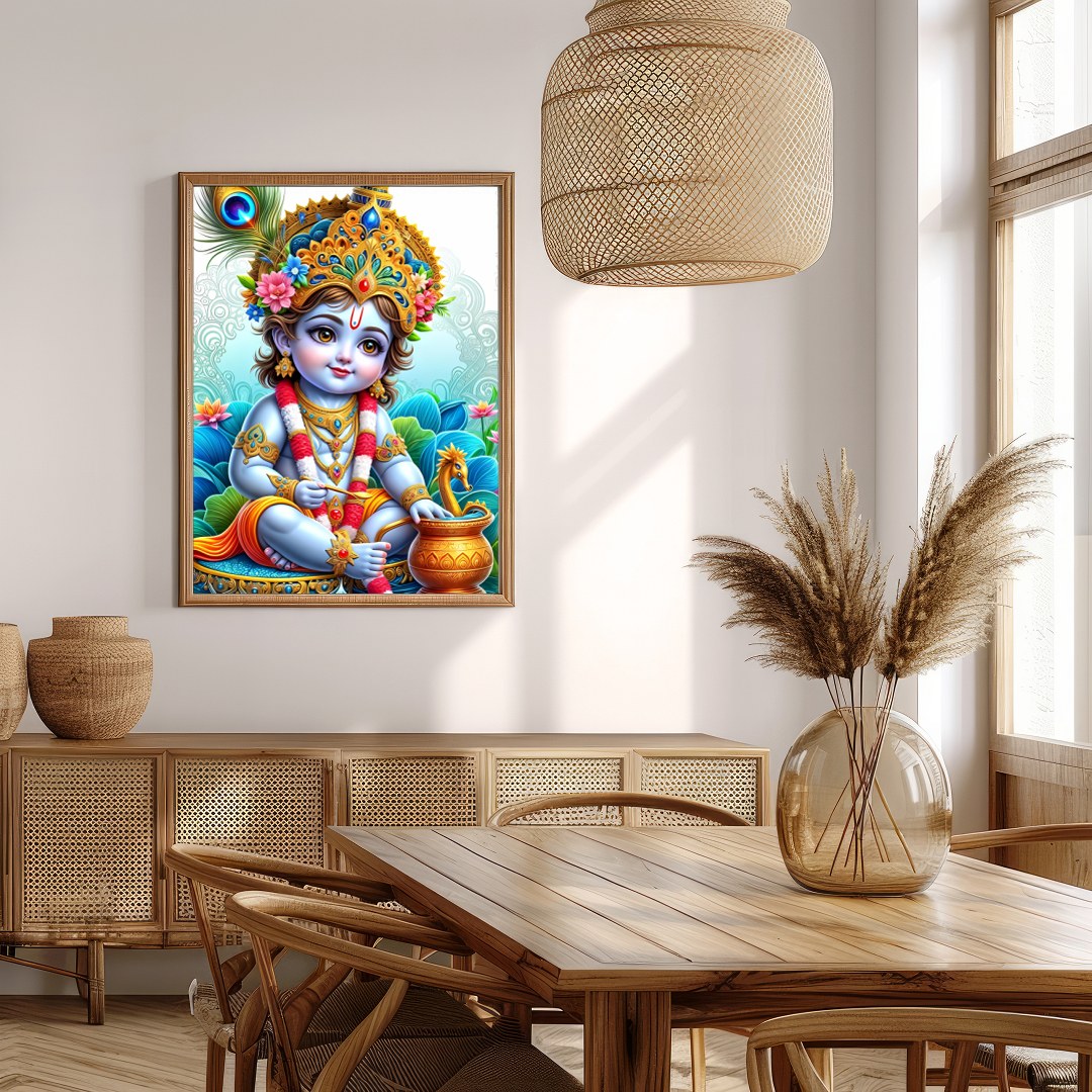 Immerse in the enchanting world of divine innocence with this vibrant depiction of Krishna as a for Extra Kitchen