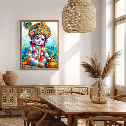 Immerse in the enchanting world of divine innocence with this vibrant depiction of Krishna as a for Extra Kitchen