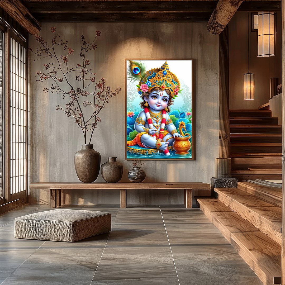 Immerse in the enchanting world of divine innocence with this vibrant depiction of Krishna as a for Hall