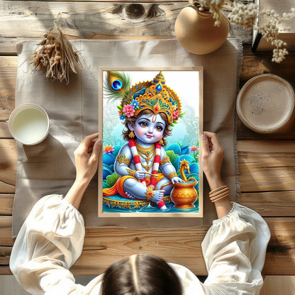 Immerse in the enchanting world of divine innocence with this vibrant depiction of Krishna as a for Kitchen