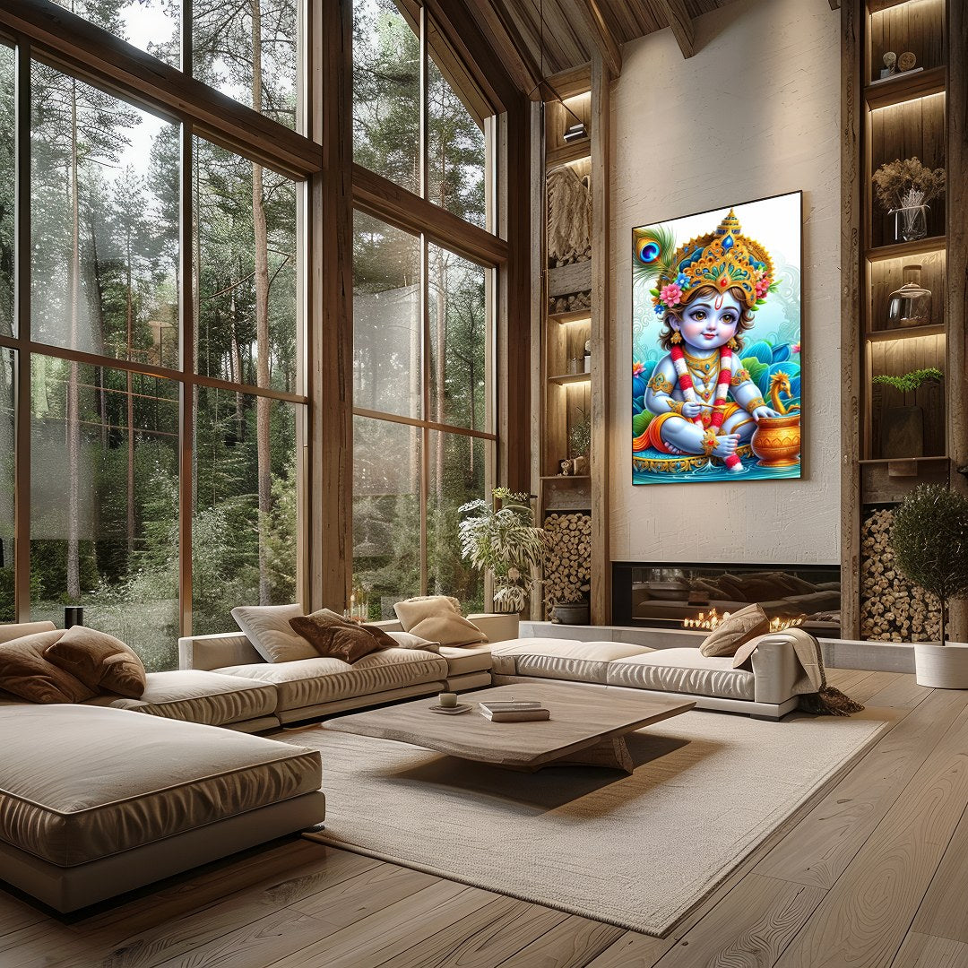 Immerse in the enchanting world of divine innocence with this vibrant depiction of Krishna as a for Living Room