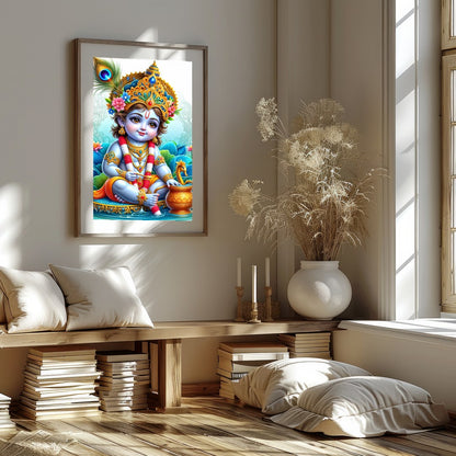 Immerse in the enchanting world of divine innocence with this vibrant depiction of Krishna as a for nook