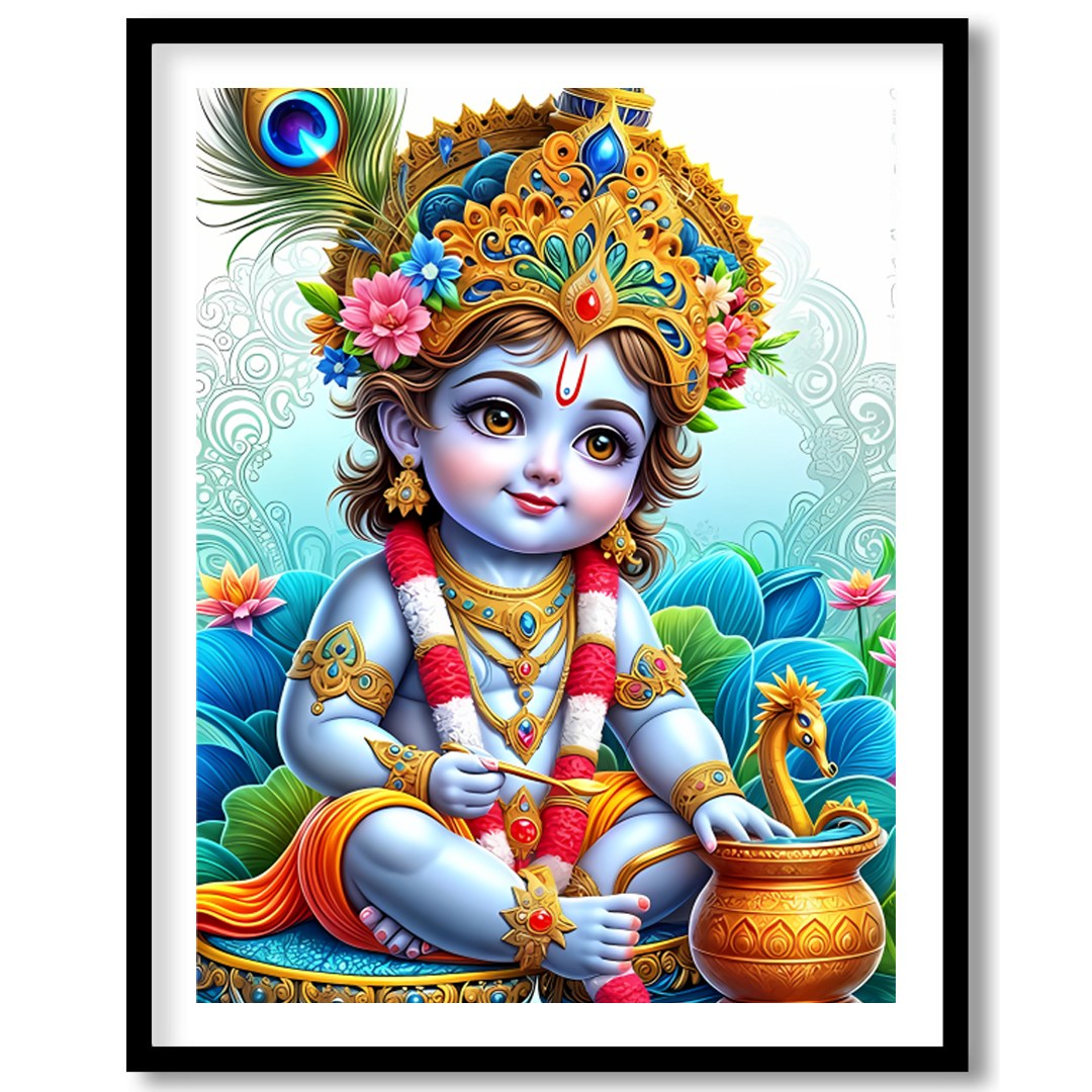 Immerse in the enchanting world of divine innocence with this vibrant depiction of Krishna as a for office