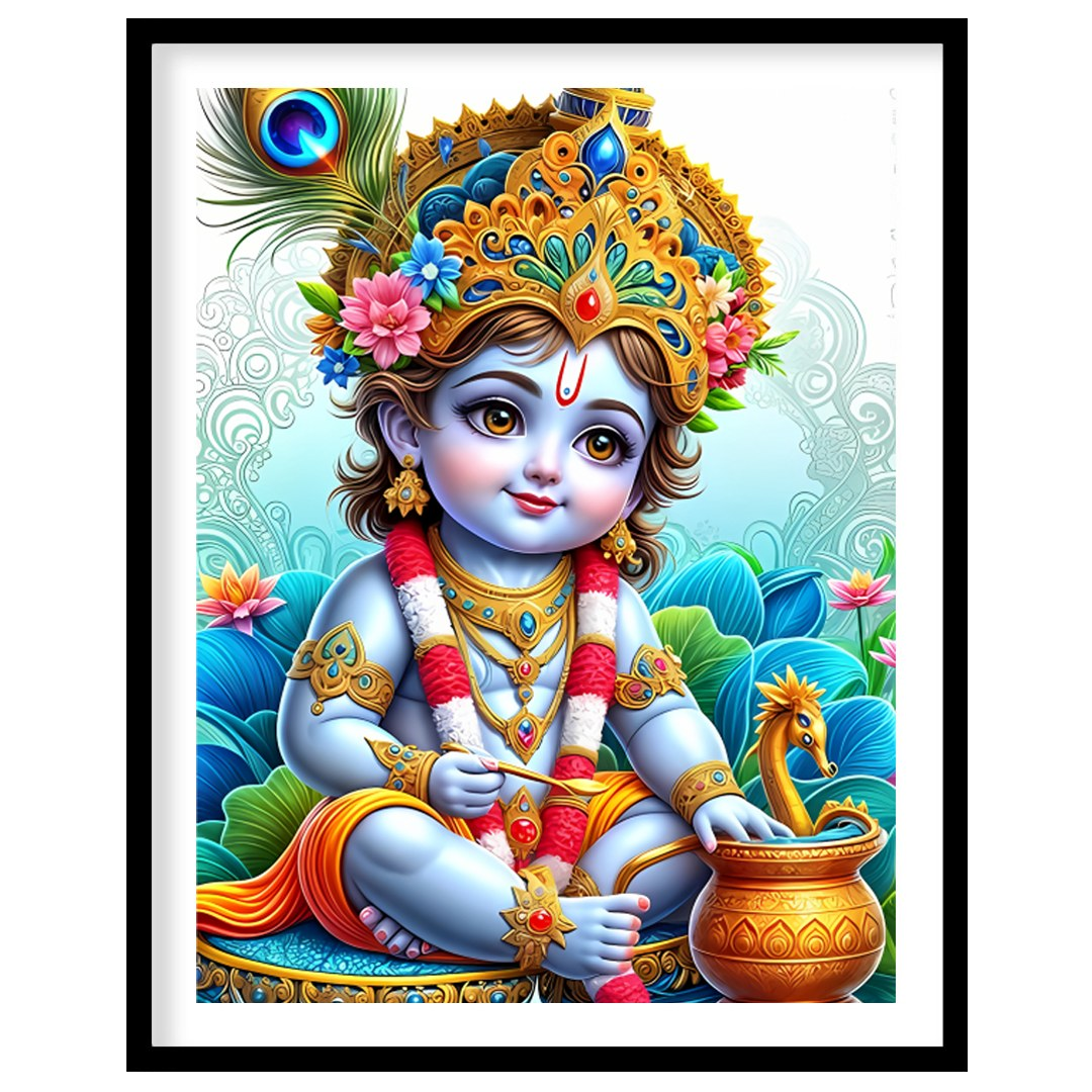 Immerse in the enchanting world of divine innocence with this vibrant depiction of Krishna as a for office