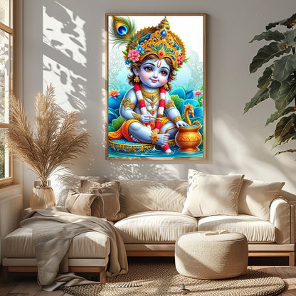 Immerse in the enchanting world of divine innocence with this vibrant depiction of Krishna as a for Sitting Area
