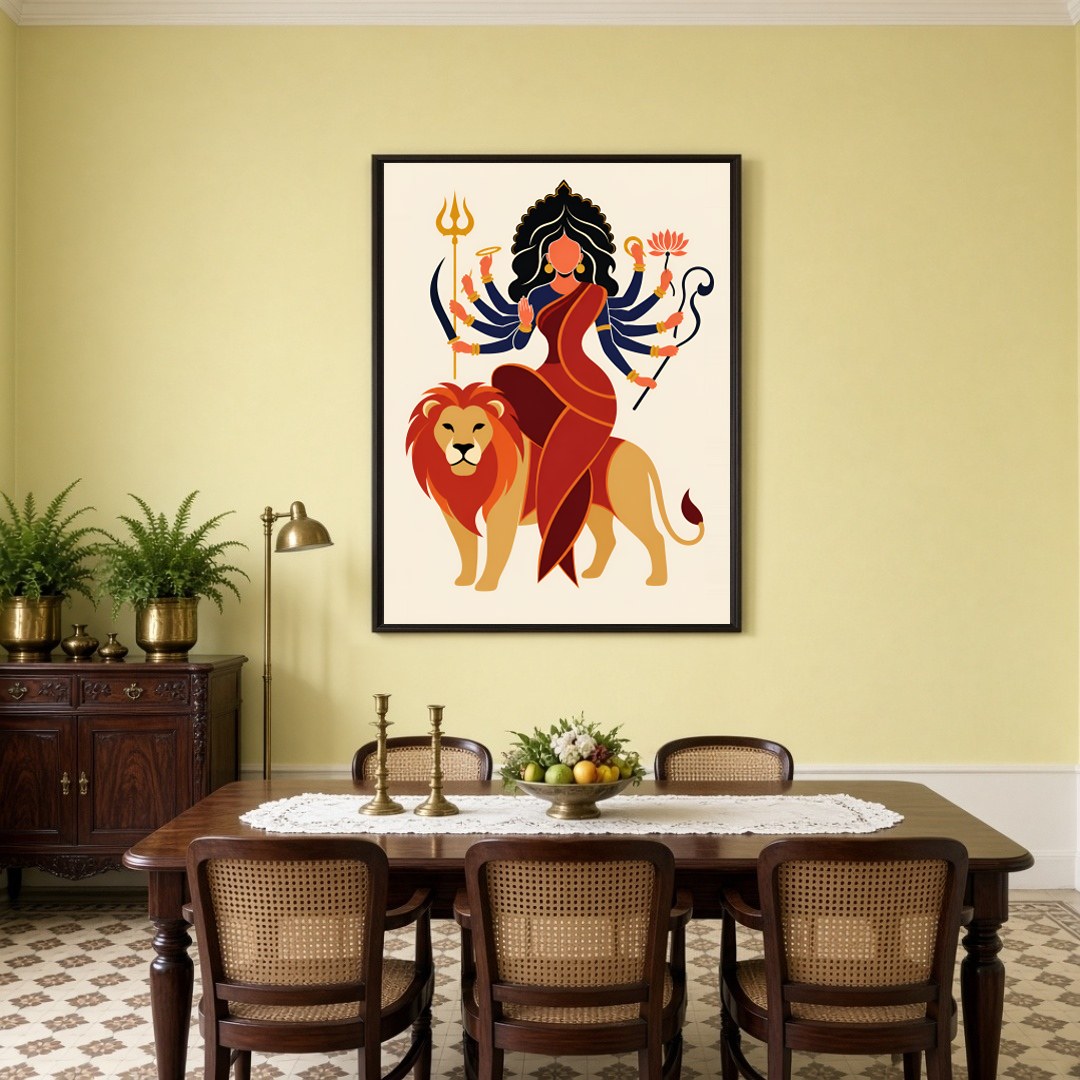 Celebrate the celestial strength and grace of Goddess Durga as she majestically sits atop her lion for Dining