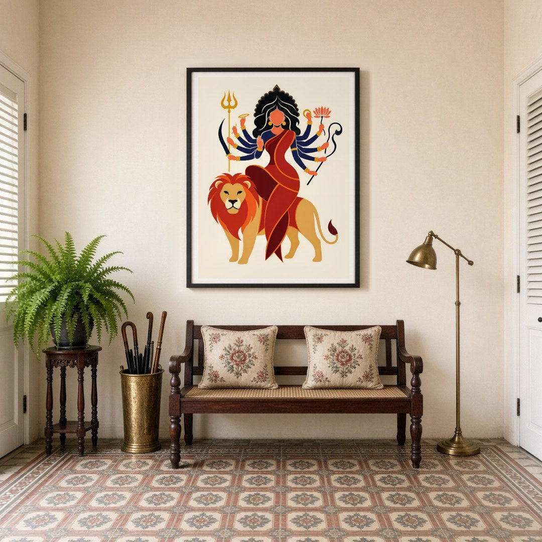 Celebrate the celestial strength and grace of Goddess Durga as she majestically sits atop her lion for Entrance