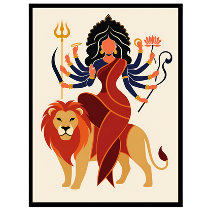 Celebrate the celestial strength and grace of Goddess Durga as she majestically sits atop her lion for haven